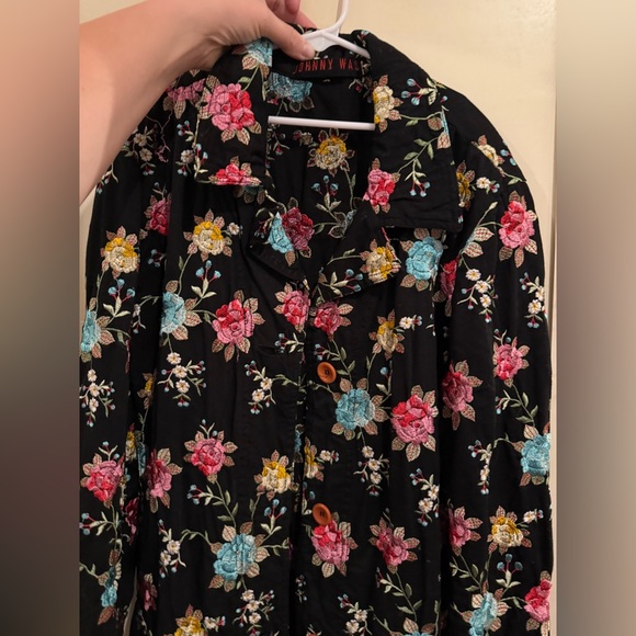 Johnny Was Embroidered Long Black Jacket Colorful Floral Lightweight Boho Large - Picture 8 of 8